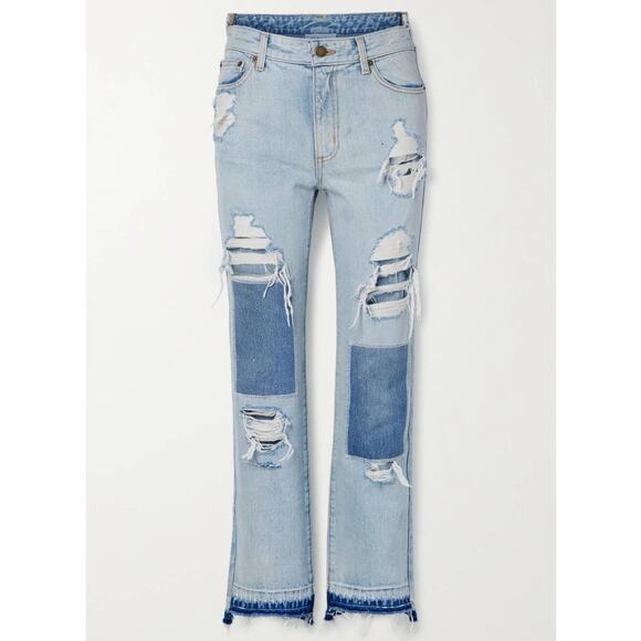 Monse Light Wash Distressed Patchwork High Rise Straight-Leg Jeans` - Picture 7 of 14